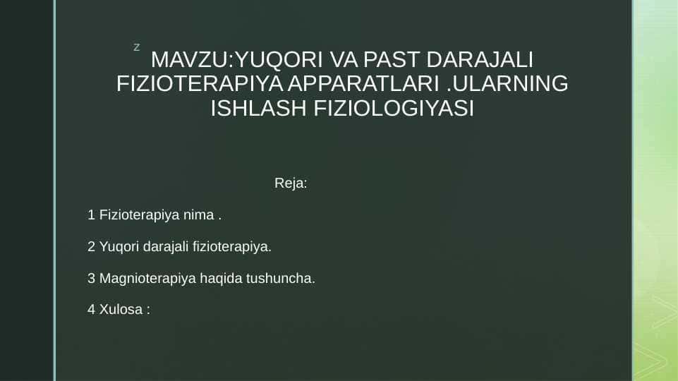 YUQORI VA PAST DARAJALI FIZIOTERAPIYA APPARATLARI .ULARNING ISHLASH FIZIOLOGIYASI