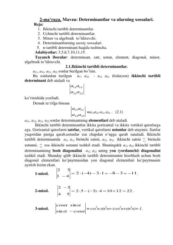Mavzu: Determinantlar va ularning xossalari
