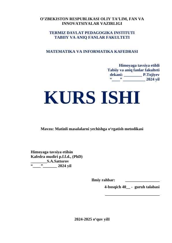 Matinli masalalarni yechishga oʻrgatish metodikasi