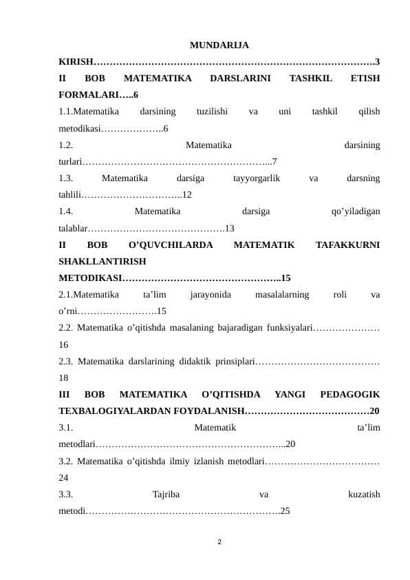 MATEMATIKA DARSLARINI TASHKIL ETISH FORMALARI