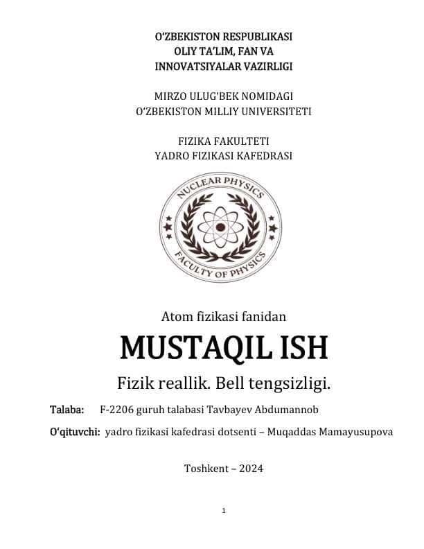 Fizik reallik. Bell tengsizligi