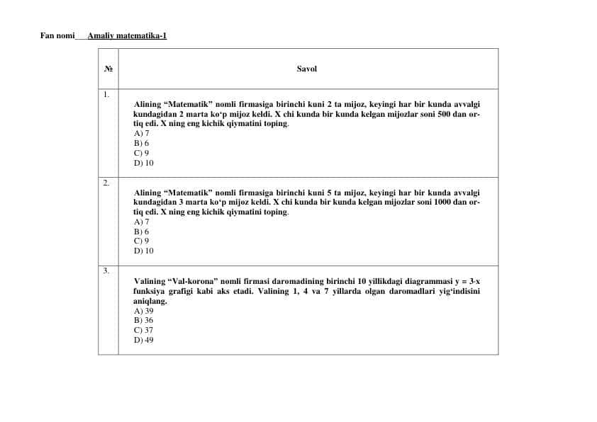 Amaliy Matematika Test 100 talik. Yakuniy uchun