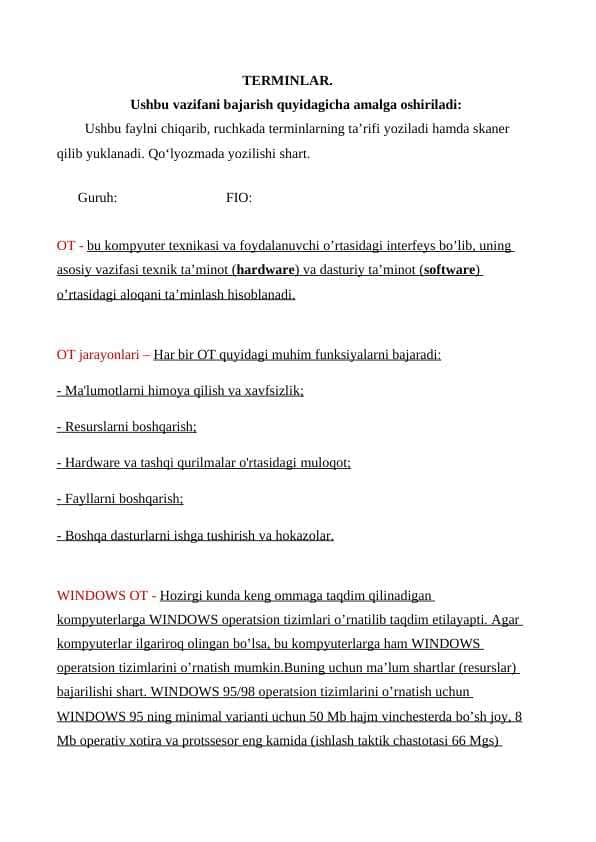 Terminlar. Operatsion tizimlar ( OT )