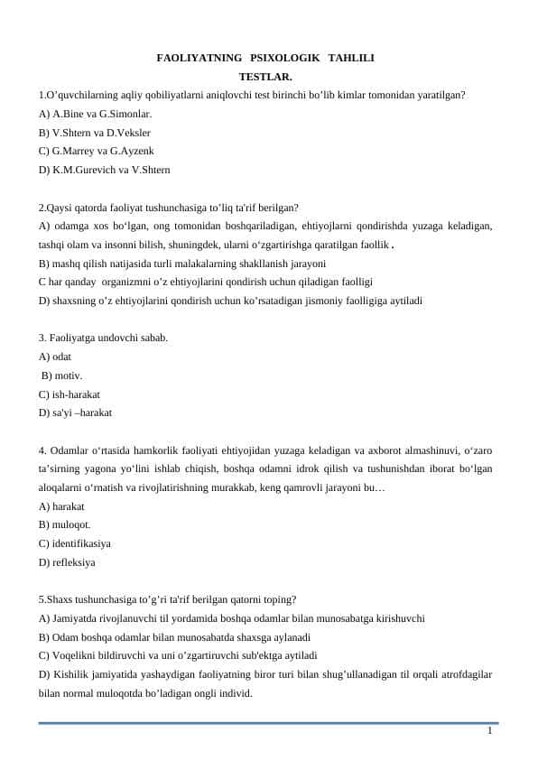 FAOLIYATNING PSIXOLOGIK TAHLILI TEST