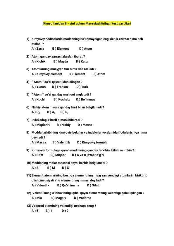 Kimyo fanidan mavzulastirilgan test, javoblari bilan / Kimyo
