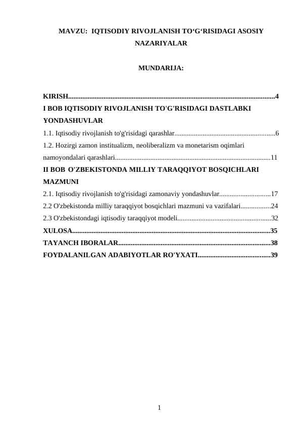 IQTISODIY RIVOJLANISH TO'G'RISIDAGI ASOSIY NAZARIYALAR