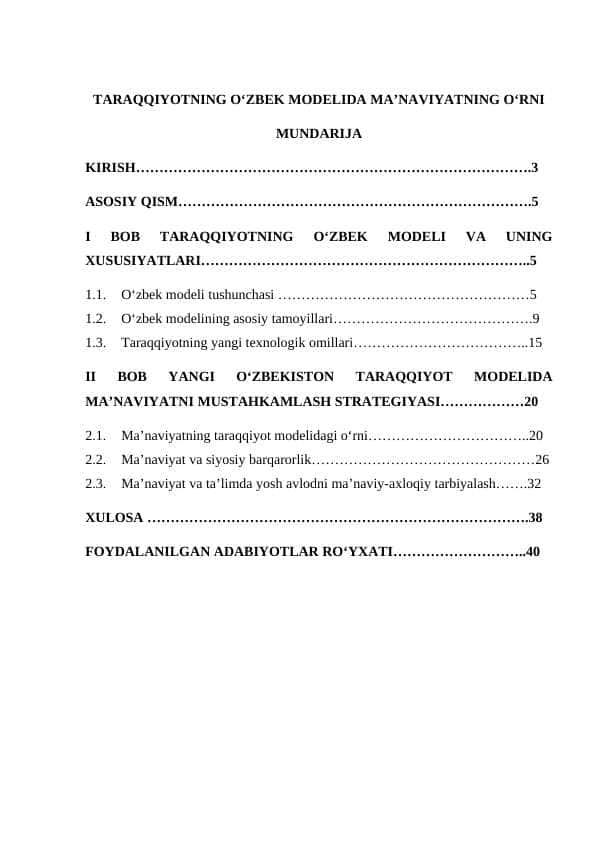 TARAQQIYOTNING O‘ZBEK MODELIDA MA’NAVIYATNING O‘RNI kurs ishi