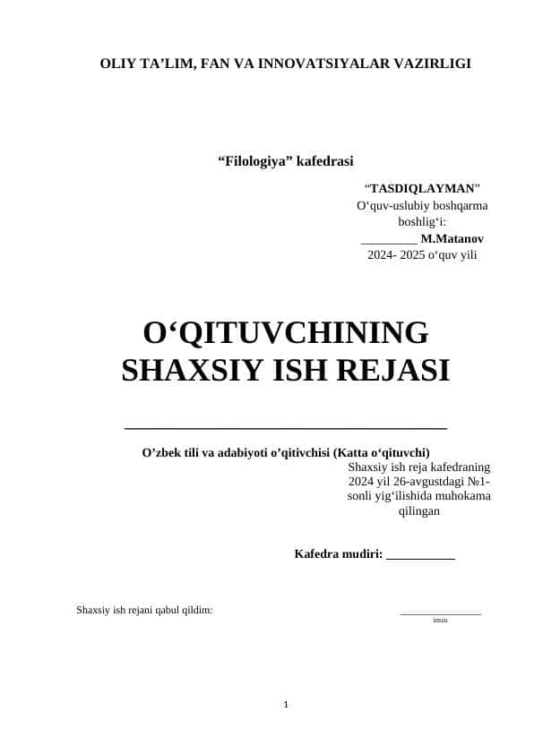 O‘QITUVCHINING SHAXSIY ISH REJASI