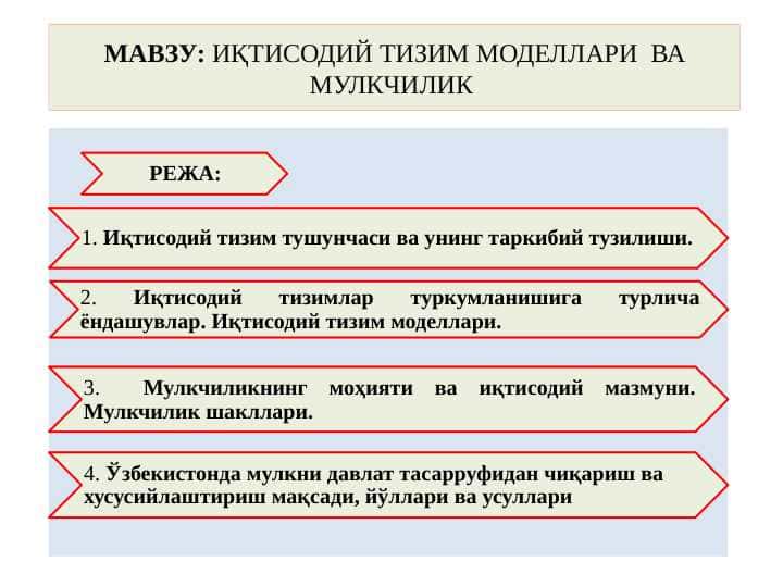 ИҚТИСОДИЙ ТИЗИМ МОДЕЛЛАРИ ВА МУЛКЧИЛИК