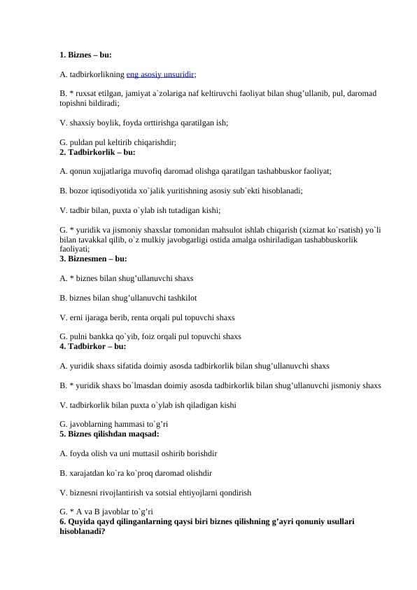 Biznes asoslari fanidan test 100 talik
