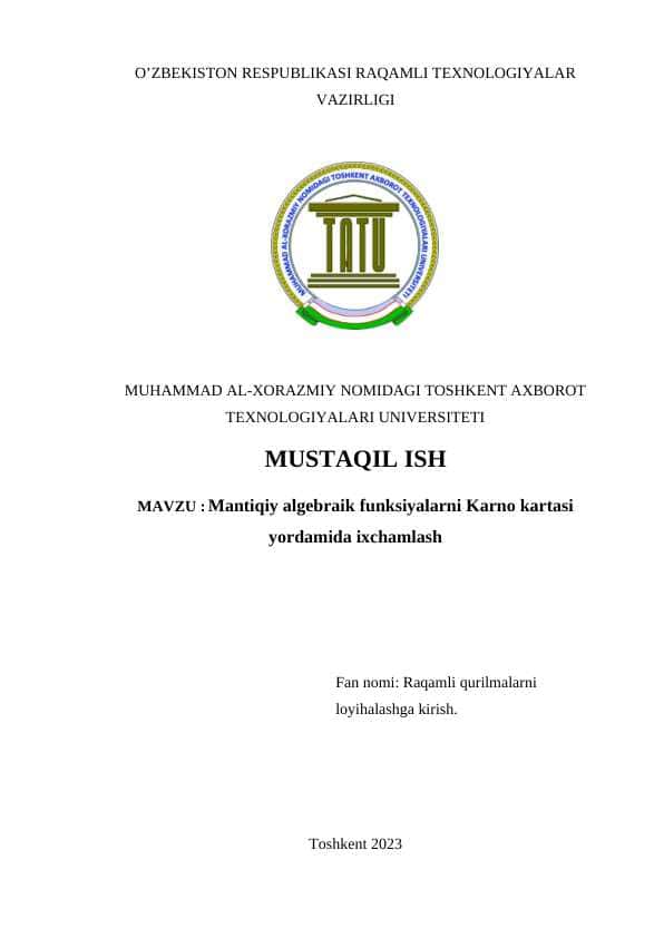 Mantiqiy algebraik funksiyalarni Karno kartasi yordamida ixchamlash