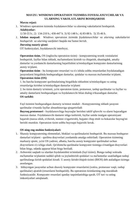 WINDOWS OPERATSION TIZIMIDA FOYDALANUVCHILAR VA ULARNING VAKOLATLARINI BOSHQARISH