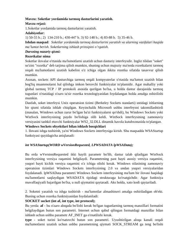 Soketlar yordamida tarmoq dasturlarini yaratish.
