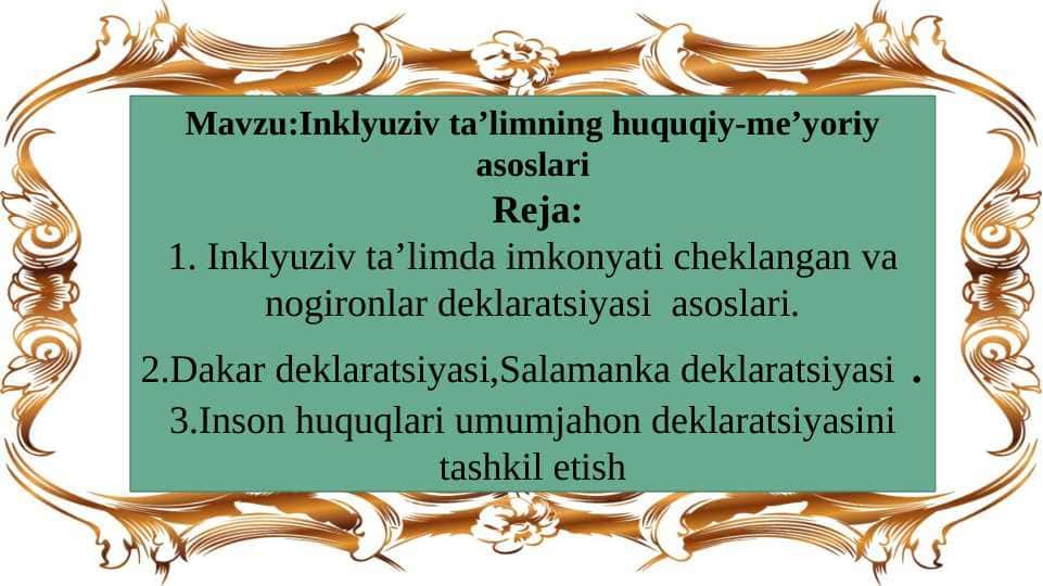 Inklyuziv taʼlimning huquqiy meʼyoriy asoslari