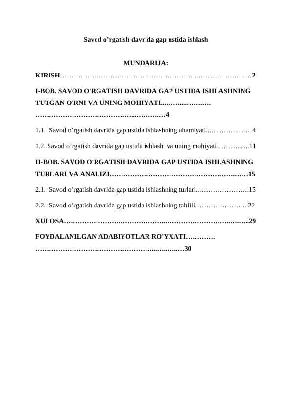 Savod o’rgatish davrida gap ustida ishlash
