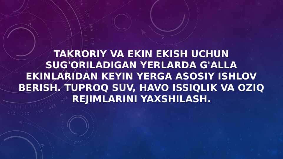 Takroriy va ekin ekish uchun sug'oriladigan yerlarda g'alla ekinlaridan keyin yerga asosiy ishlov berish. Tuproq suv, havo issiqlik va oziq rejimlarini yaxshilash.