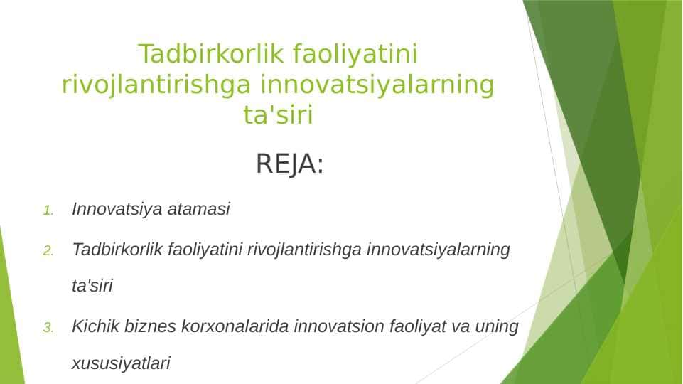 Tadbirkorlik faoliyatini rivojlantirishga innovatsiyalarning ta'siri
