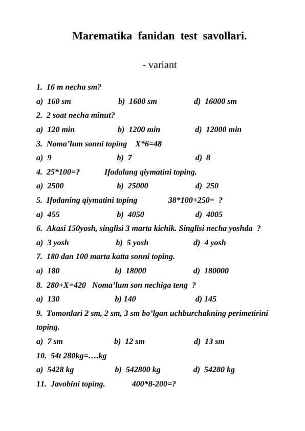 Marematika fanidan boshlang'ich sinf uchun test savollari.