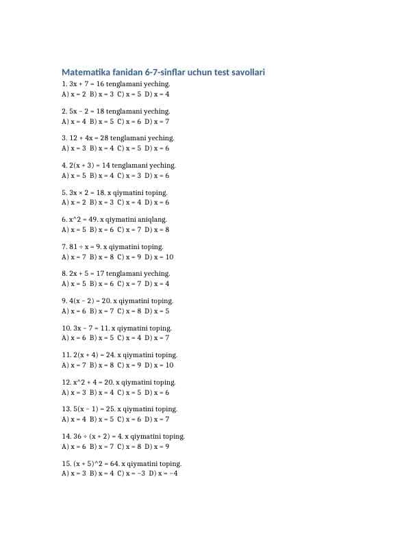 6 sinf test matematika