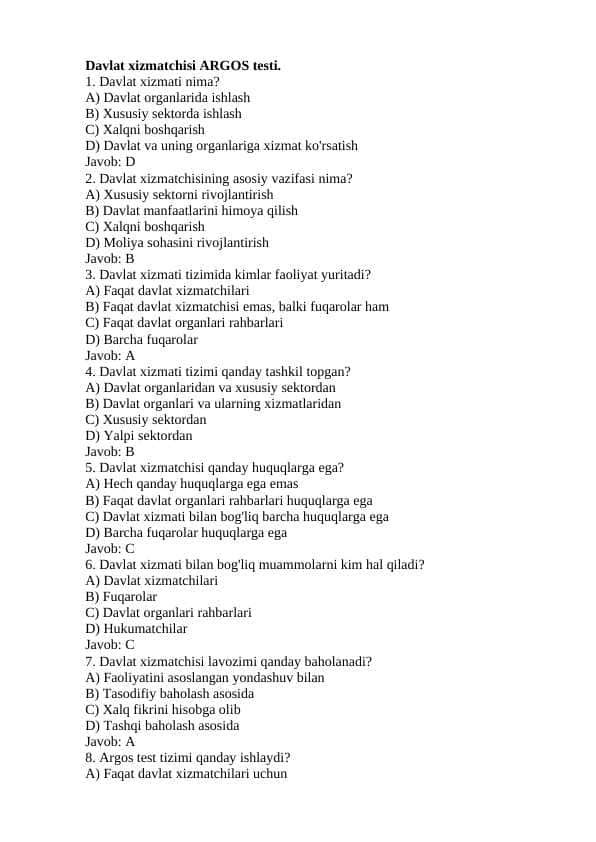 DAVLAT XIZMATCHISI ARGOS test 2024