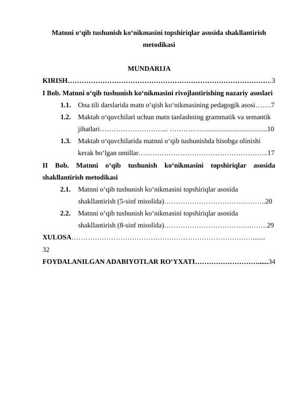Matnni oʻqib tushunish koʻnikmasini topshiriqlar asosida shakllantirish metodikasi