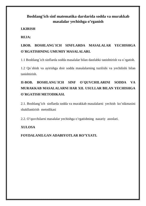 Boshlang’ich sinf matematika darslarida sodda va murakkab masalalar yechishga o’rganish