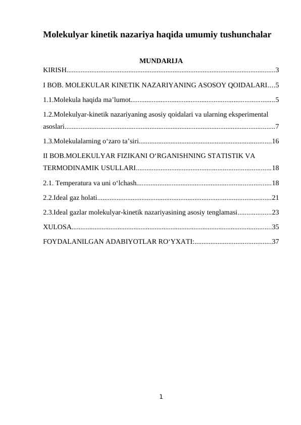 Molekulyar kinetik nazariya haqida umumiy tushunchalar