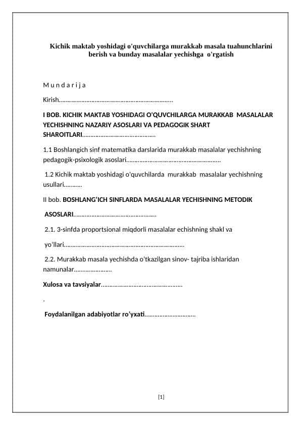 Kichik maktab yoshidagi o'quvchilarga murakkab masala tuahunchlarini berish va bunday masalalar yechishga o'rgatish