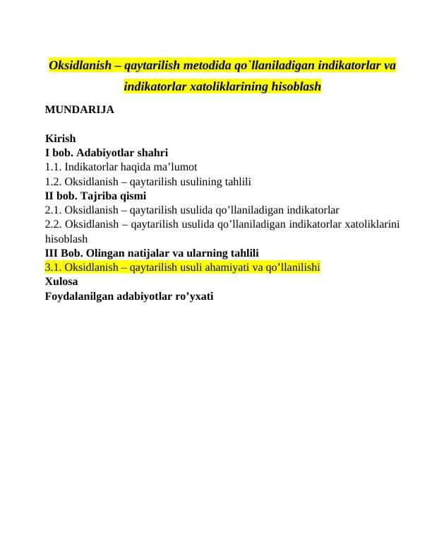 Oksidlanish – qaytarilish metodida qo`llaniladigan indikatorlar va indikatorlar xatoliklarining hisoblash