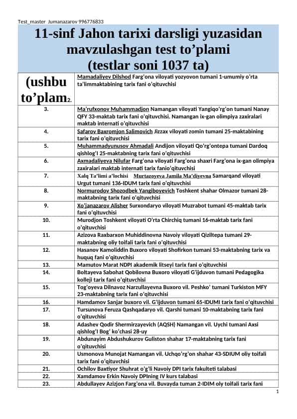 11-sinf Jahon tarixi darsligi yuzasidan mavzulashgan test to’plami
(testlar soni 1037 ta)