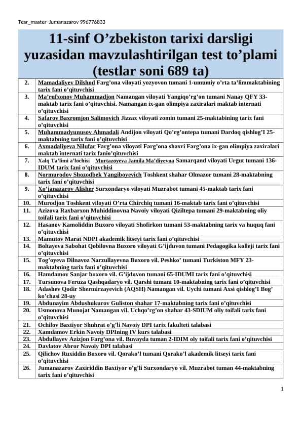 11-sinf O’zbekiston tarixi darsligi yuzasidan mavzulashtirilgan test to’plami (testlar soni 689 t