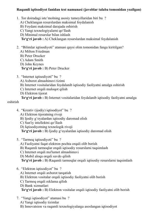 Raqamli Iqtisodiyot sessiya savollari
