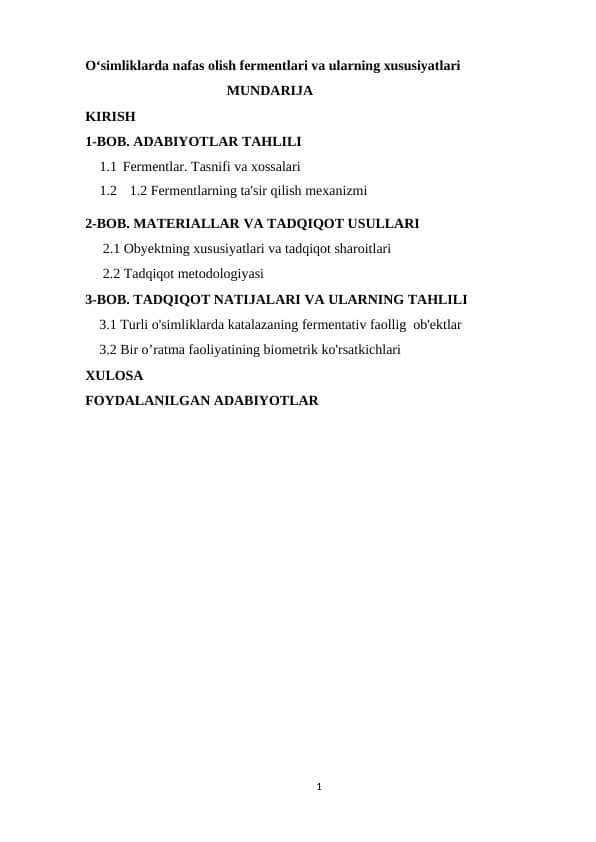 Oʻsimliklarda nafas olish fermentlari va ularning xususiyatlari