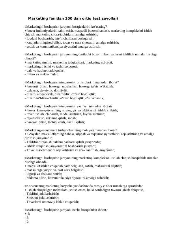 Marketing Fanidan 200 ta test javoblari bilan