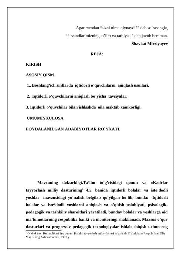 Boshlang’ich sinflarda iqtidorli o’quvchilarni aniqlash