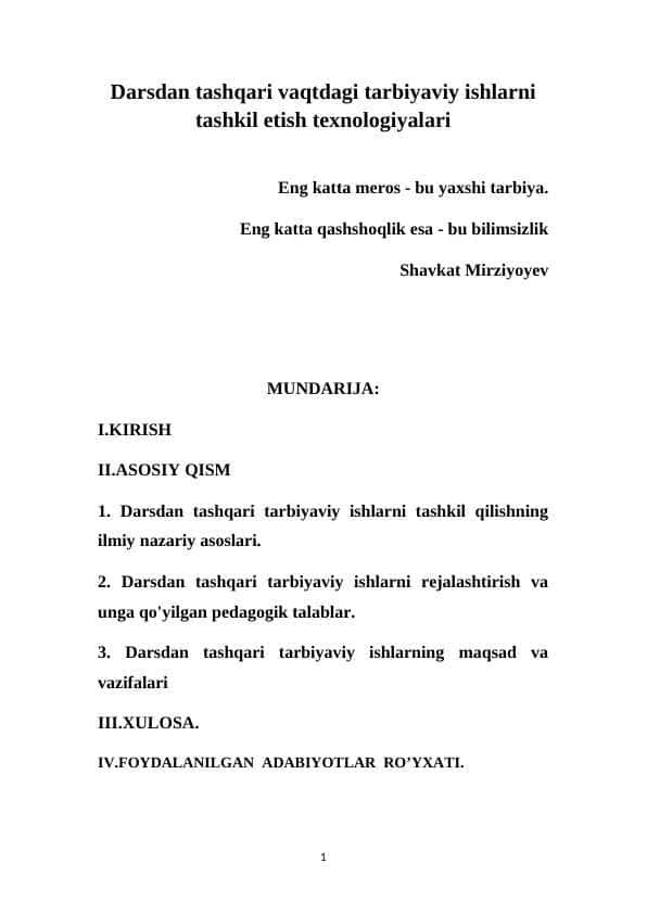 Darsdan tashqari vaqtdagi tarbiyaviy ishlarni tashkil etish texnologiyalari