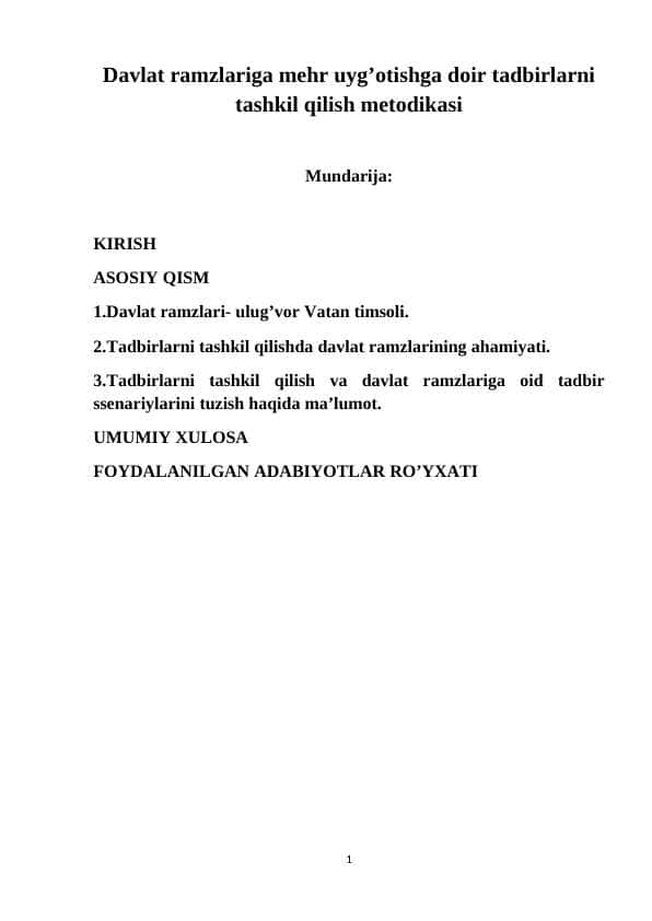 Davlat ramzlariga mehr uyg’otishga doir tadbirlarni tashkil qilish metodikasi