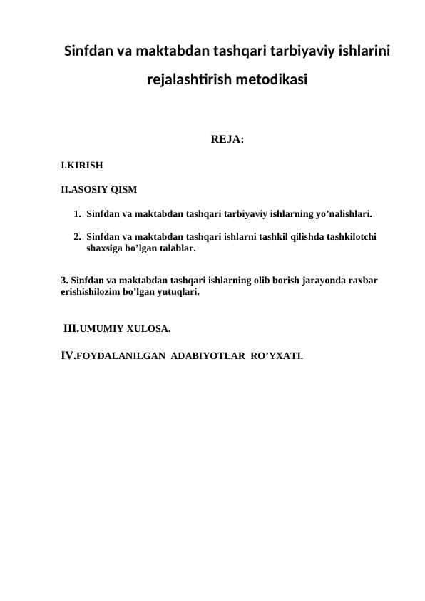 Sinfdan va maktabdan tashqari tarbiyaviy ishlarini rejalashtirish metodikasi