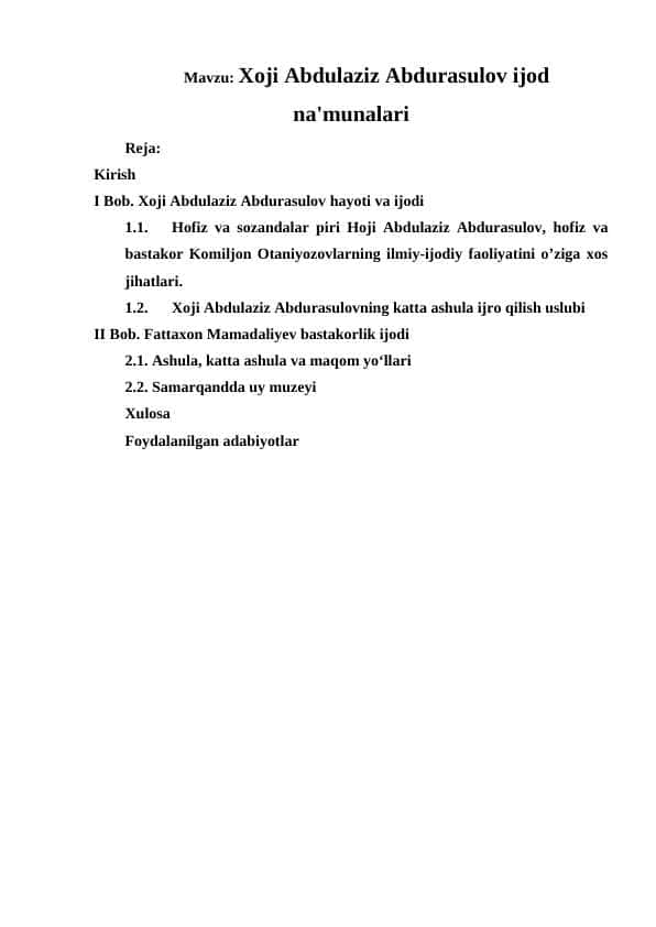 Xoji Abdulaziz Abdurasulov ijod na'munalari