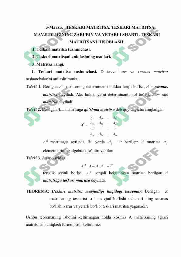 KVADRAT MATRITSANING DETERMINANTI. IKKINCHI VA UCHINCHI TARTIBLI DETERMINANTLARNI HISOBLASH.ELEMENTLARNING MINORLARI VA ALGEBRAIK TO’LDIRUVCHILARI. DETERMINANTLARNING ASOSIY XOSSALARI.YUQORI TERTIBLI DETERMINANTLARNI HISOBLASH.