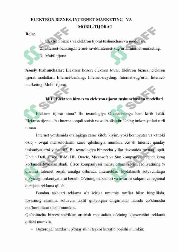 ELEKTRON BIZNES, INTERNET-MARKETING VA MOBIL-TIJORAT