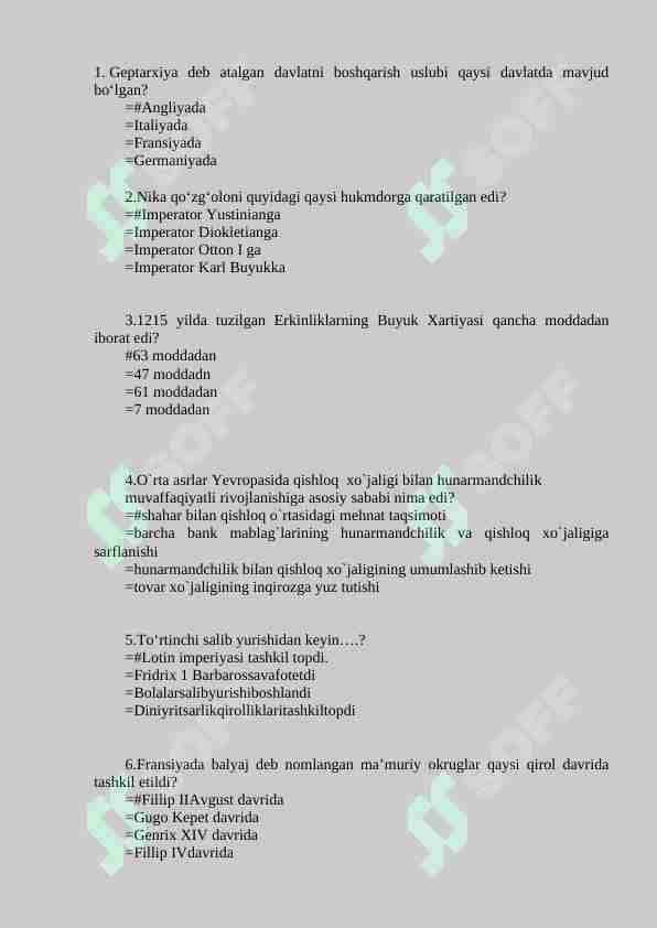 Tarix 50 talik test-o'rta asrlar. javoblari bilan