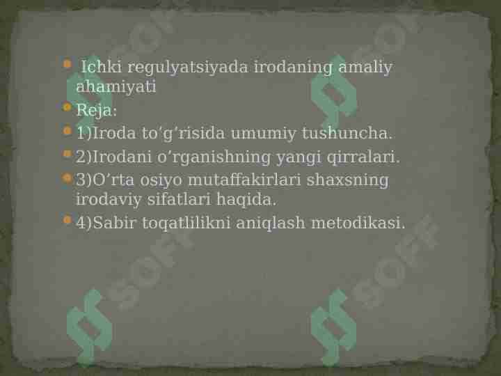 Ichki regulyatsiyada irodaning amaliy ahamiyati