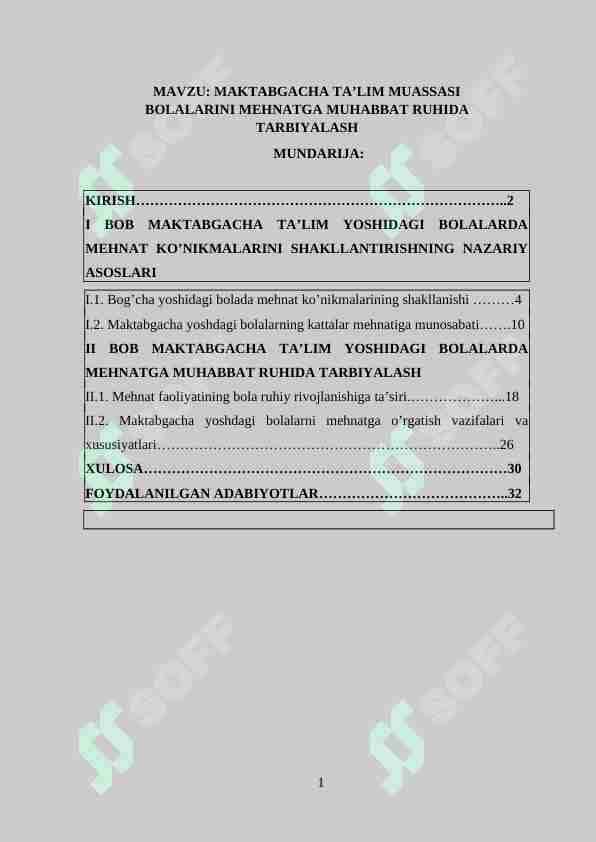 MAKTABGACHA TA’LIM MUASSASI BOLALARINI MEHNATGA MUHABBAT RUHIDA TARBIYALASH