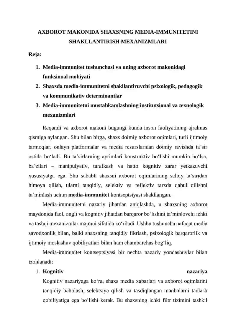 AXBOROT MAKONIDA SHAXSNING MEDIA-IMMUNITETINI SHAKLLANTIRISH MEXANIZMLARI