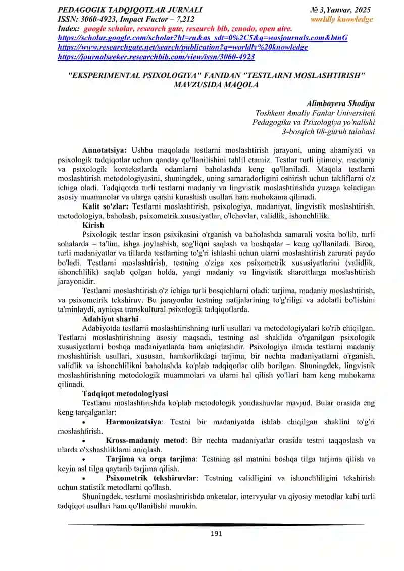 "EKSPERIMENTAL PSIXOLOGIYA" FANIDAN "TESTLARNI MOSLASHTIRISH" MAVZUSIDA MAQOLA