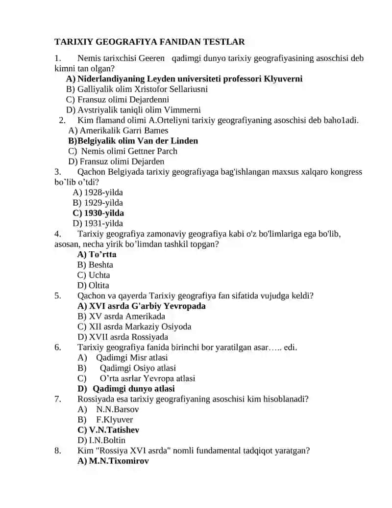 Tarixiy geografiya-testlar