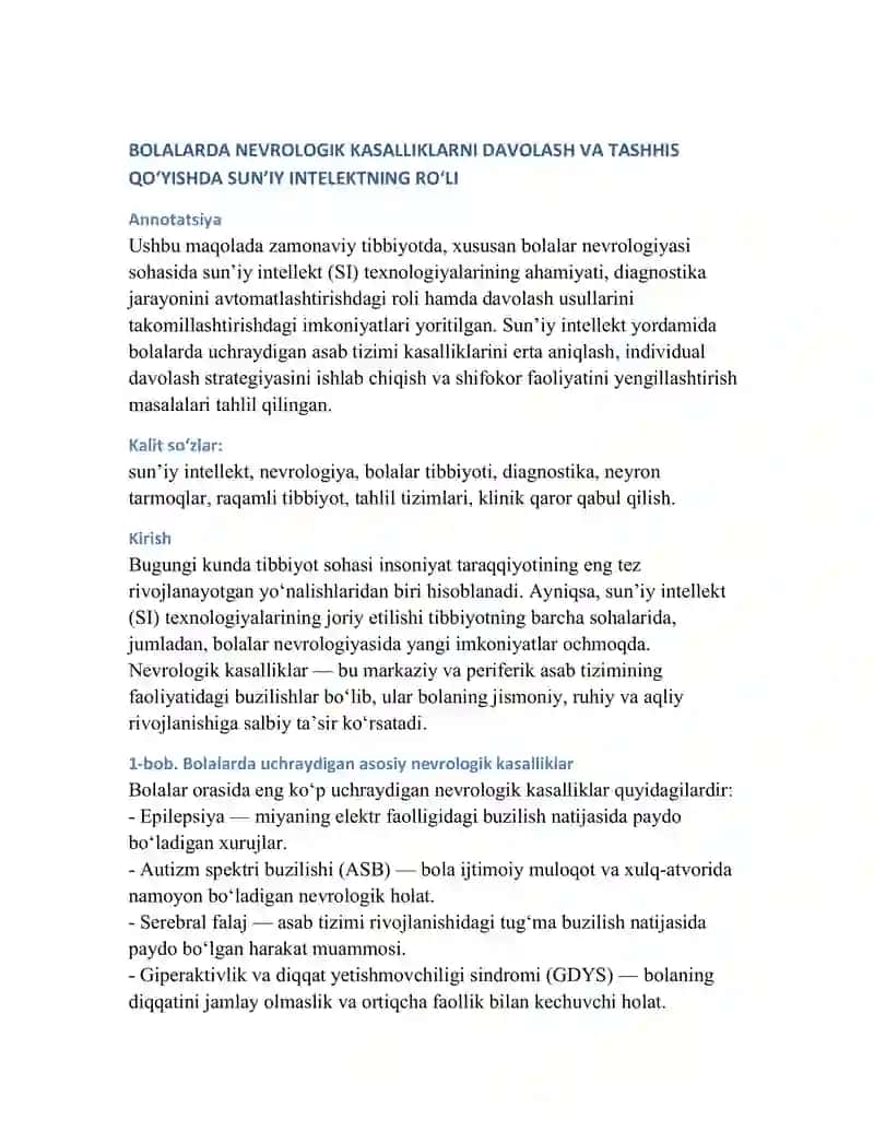 BOLALARDA NEVROLOGIK KASALLIKLARNI DAVOLASH VA TASHHIS
