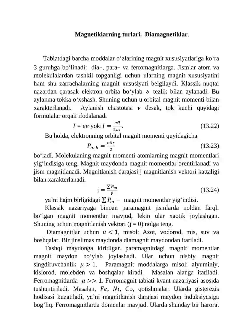 Magnetiklarning turlari. Diamagnetiklar. Paramagnetiklar. Ferromagnetiklar.