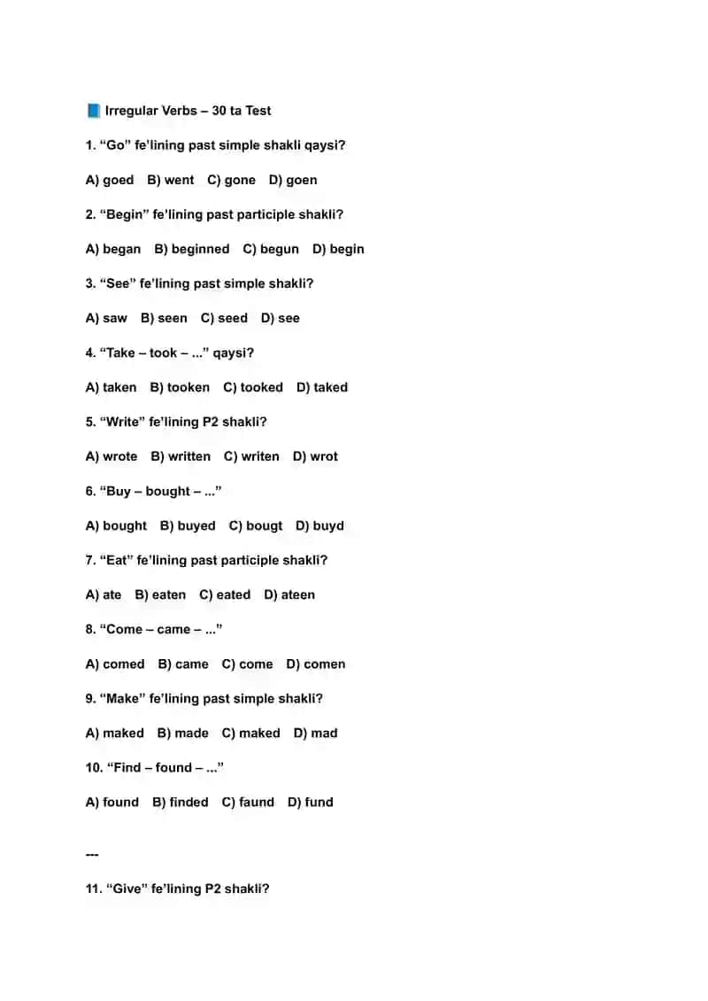 Irregular Verbs – 30 ta Test